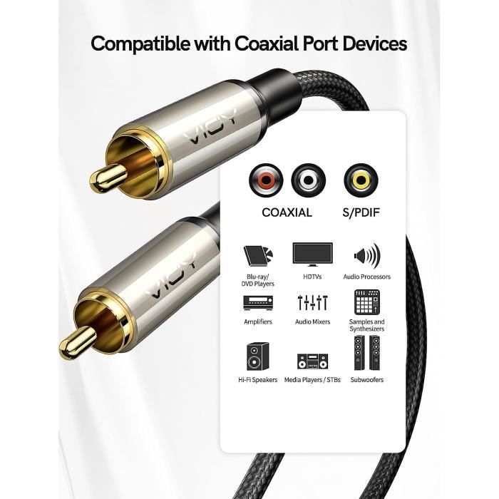 Câble Coaxial RCA Audio Numérique avec Fiche Jack Plaqué Or 24K