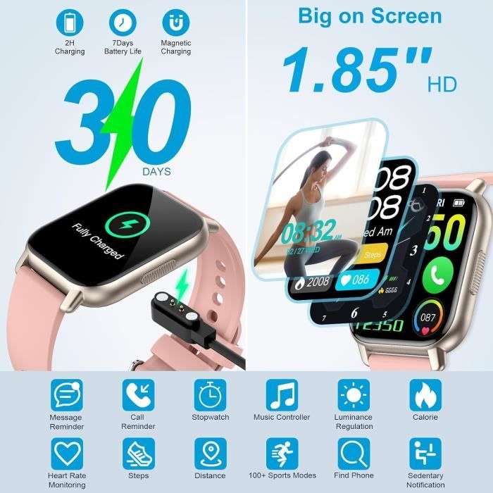 STECEi Montre Connectée Homme Femme 1.85" Avec Appel Bluetooth - Smartwatch Sport IP68 Podomètre Cardio Sommeil, Rose