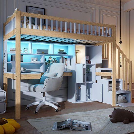 Lit Mezzanine Enfant 90x200 Avec Rangements - Armoire, étagères, Tiroirs - Blanc Et Bois - Économiseur D'espace