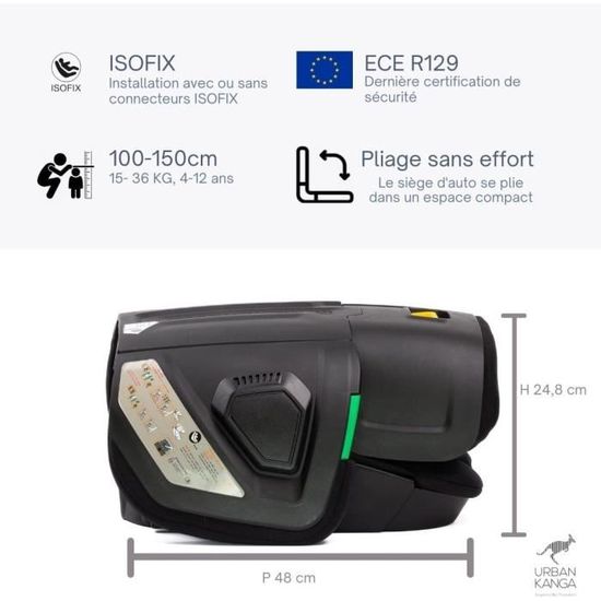Urban Kanga Wallaroo 2.0 Draagbaar en Opvouwbaar Reisautostoeltje Stoelverhoger ISOFIX i-Size 100-150cm (Grijs/Wit