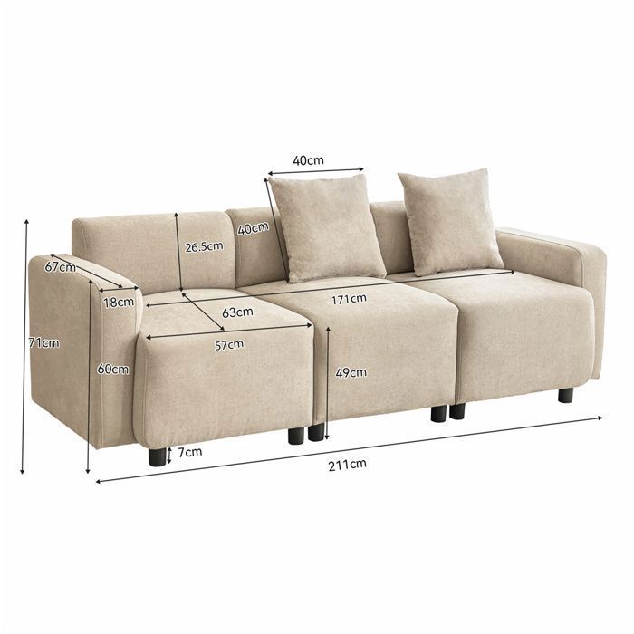 Canapé 3 Places Beliani VISKAN Tissu Chenille Blanc Cassé - NEUF