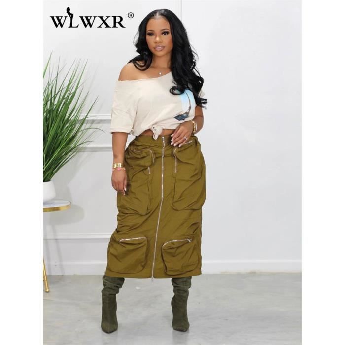 Jupe jupes longues Cargo pour femmes Streetwear couleur unie poches a fermeture eclair amples taille haute vert militaire Blanc Cdiscount Pret a Porter