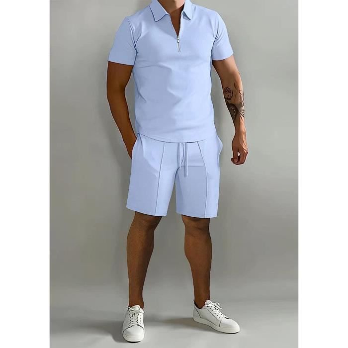 Survetement Ensemble de Vetements Homme Ete Manche Courte Deux Pieces Couleur Unie Polo Tee Shirt Avec Revers Court et avec Bleu Bleu clair Cdiscount Pret a Porter