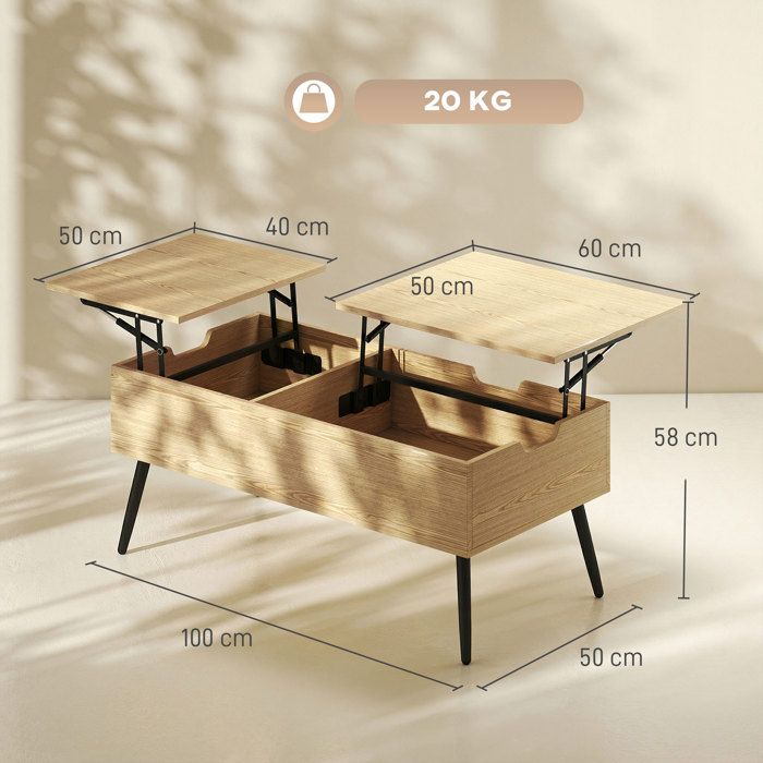 Homcom – Table basse relevable avec coffre de rangement – Dimensions 100L x 80l x 60H cm – Panneau de particules et acier – Aspect bois rustique noir