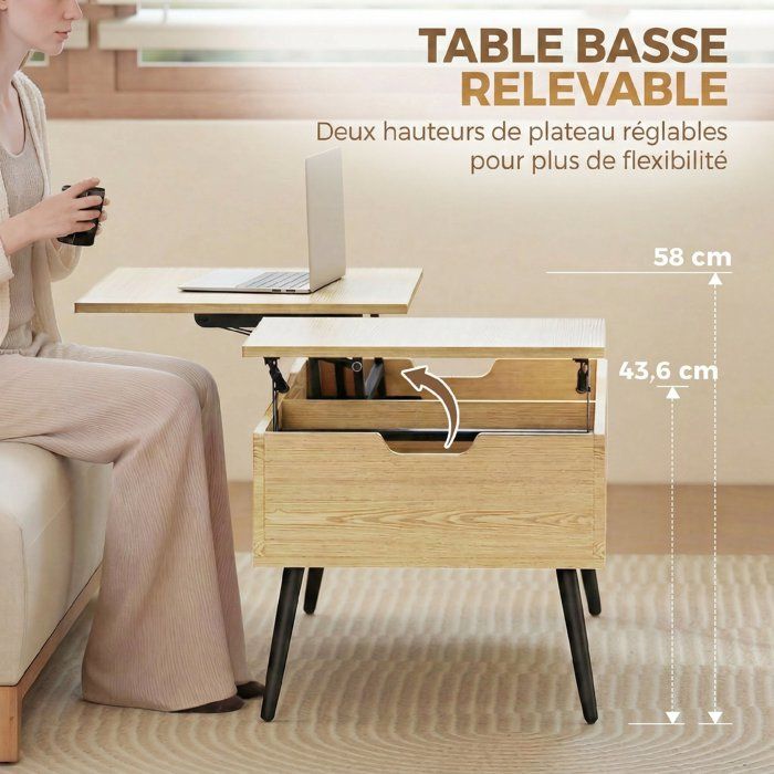 HOMCOM Table Basse, Table d'appoint Moderne avec Pieds en Acier et Plateau épais de 4 cm, pour Salon Bureau Chambre, 100 x 50 x 45 cm, chêne et Noir