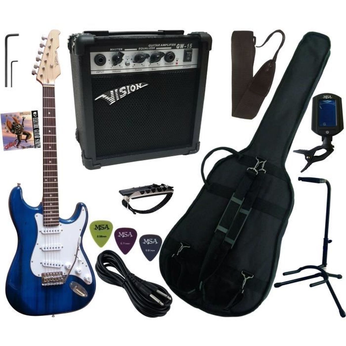 Rocktile Pack Guitare Electrique Set Amplificateur Sac Cable Sangle Cordes Plectres Bleu 