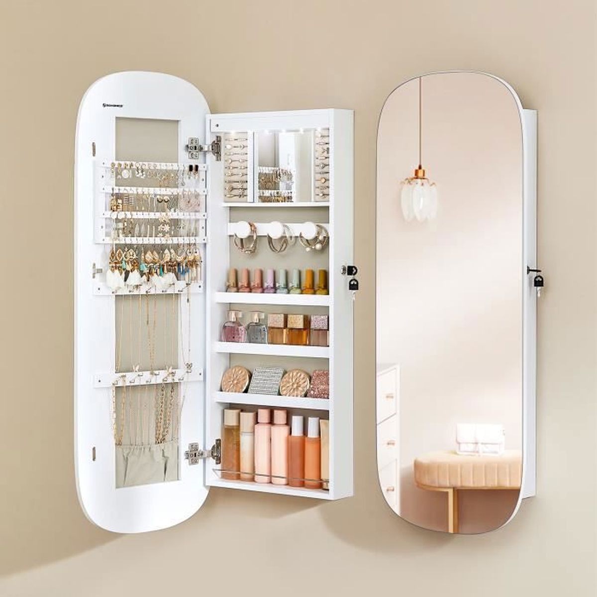 Armoire à Bijoux SONGMICS Miroir Mural avec LED et Serrure