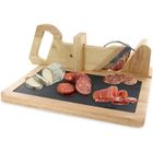 PZL CONCEPT Trancheuse Guillotine à Saucisson en Bois avec Plateau Ardoise - Lame Inox - Goupille de Sécurité - Apéritif, Charcuterie, Fromage