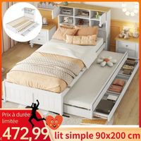 COMANLAI lit plat avec plusieurs rangements en tête de lit, équipé d'un lit gigogne gigogne, trois tiroirs - 90x200 cm- blanc