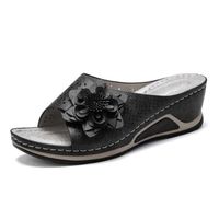 Sandales confortables pour femmes - OS - Pantoufles à talons compensés à fleurs creuses et plates - Noir