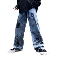 Jeans pour hommes Graffiti Loose Straight Jeans rétro à jambes larges pour femmes Imprimé dessin animé, Bleu, XL