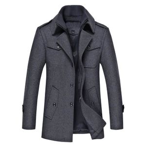 MANTEAU - CABAN Manteau Homme en Laine,Fermeture Boutonnée Manteau Hiver avec Parementure Zippée Amovible Col -Gris