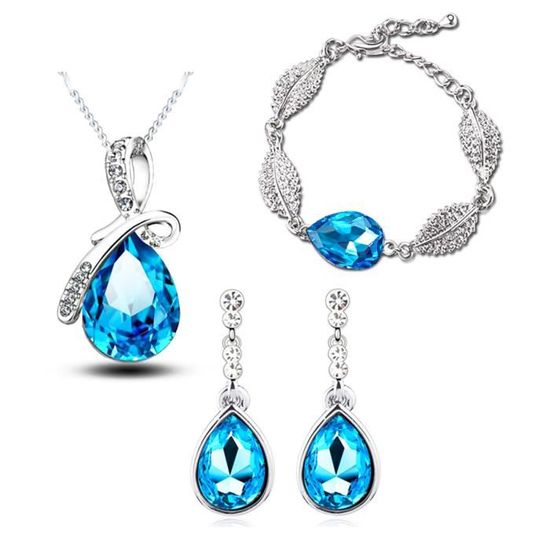 Parure Bijoux Femme Cristal Argenté - Collier Goutte, Boucles D'Oreilles, Bracelet - Pour Mariage/Soirée