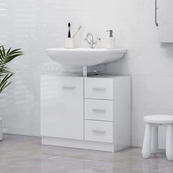 49389Haut de gamme® MEUBLE SOUS VASQUE - Meuble de rangement salle de bain - Blanc brillant 63x30x54 cm Aggloméré