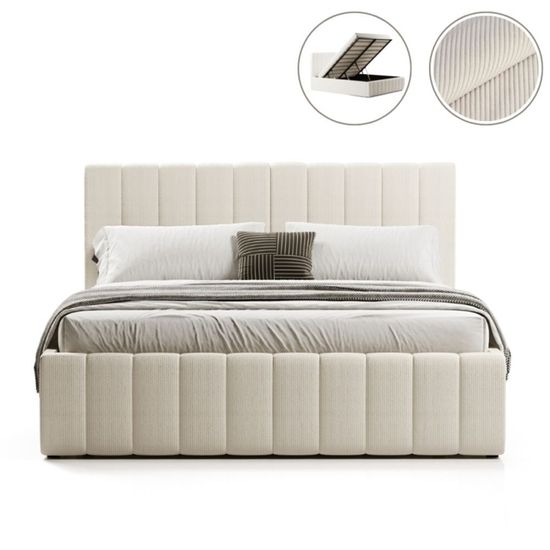 Lit Double 140x190 Cm CURSIO - Tête De Lit Velours Côtelé Blanc Crème - Cadre Bois Et Métal - Sommier à Lattes Inclus - Style Moderne