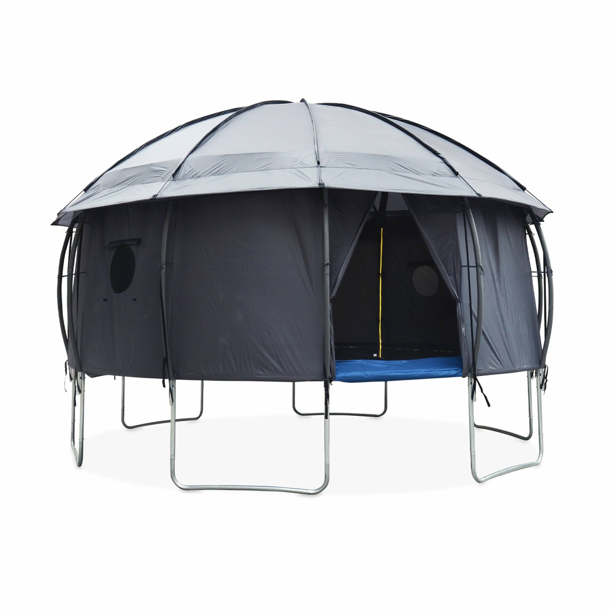 Tente de camping pour trampoline. cabane. polyester. traité anti UV. 1 porte. 5 fenêtres et sac de transport