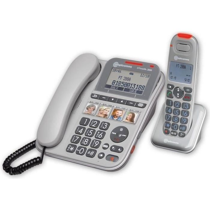 Téléphone senior filaire avec combiné sans fil amplifié 90dB et touches mémoires directes Amplicomms Powertel 2880