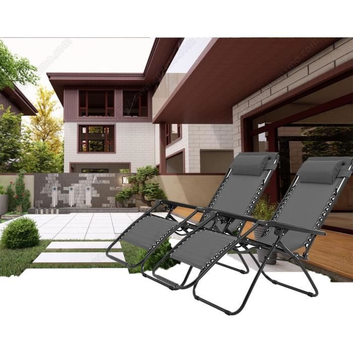 ZIBOE° Lot de 2 Transats de Jardin, Chaise Longue Inclinable avec oreiller amovible, Gris, Ergonomie/Pliant