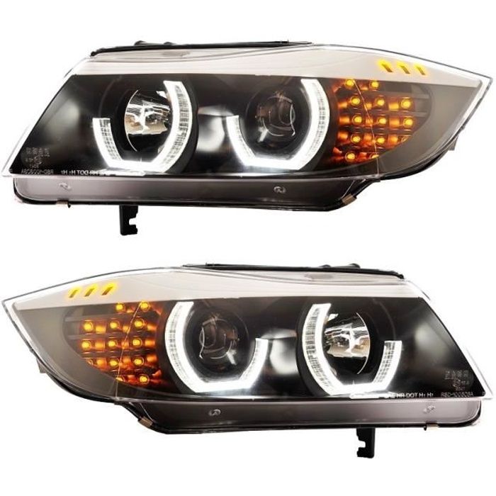 2 FEUX PHARE AVANT ANGEL EYES LED TUBE 3D BMW SERIE 3 E90 E91 PHASE 1 DE 12/2004 A 09/2008