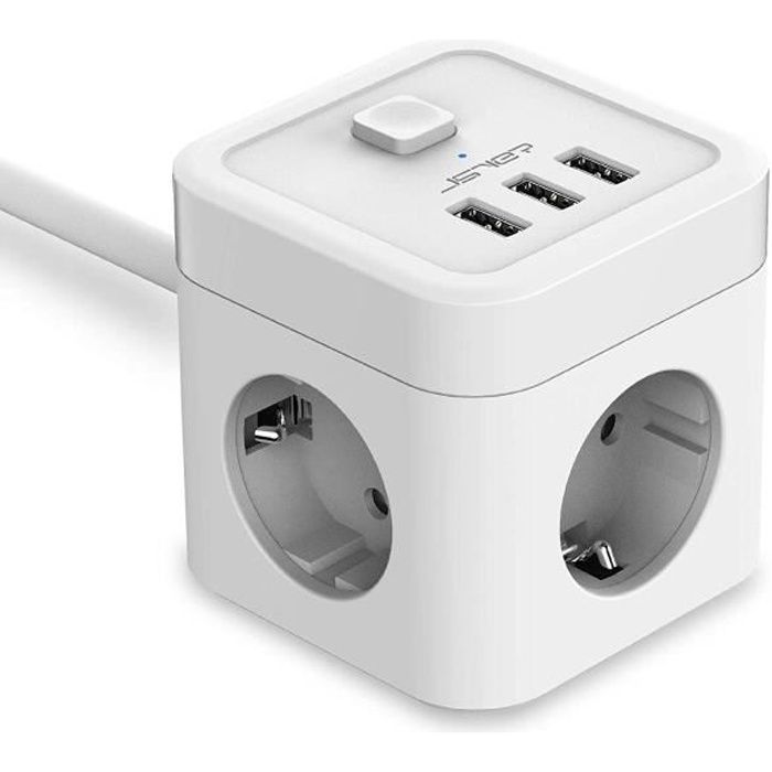 JSVER Multiprise Cube USB, Bloc Multiprise 3 Prises avec 3 Ports USB Chargeur Prise Parafoudre avec Interrupteur Cable 1.5m-Blanc