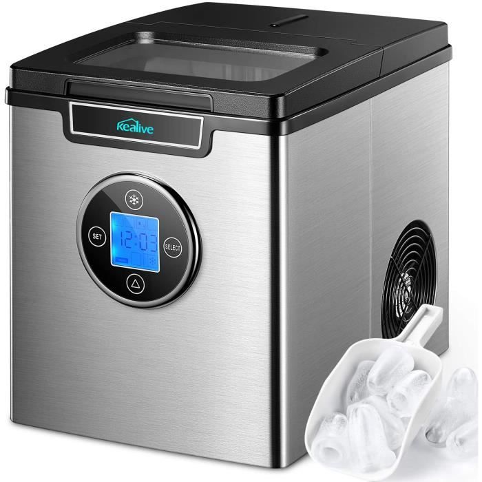Machine à Glaçons Kealive, 15kg en 24h, 3 tailles de Glaçons Automatique électrique Compact Portable 2.3L, 9 Glaçons Par 6 Min, Acie
