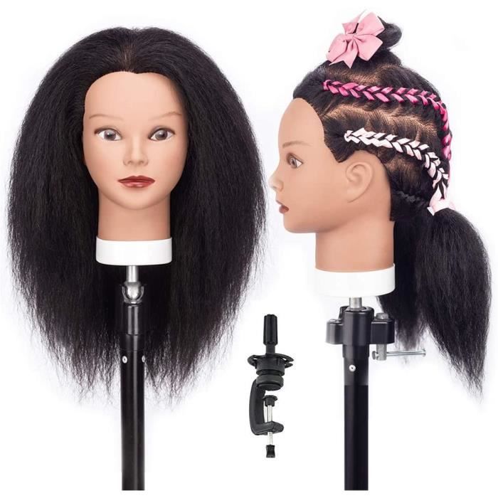 Tête à Coiffer Afro avec Cheveux 100% Yak Nature 30 cm Cosmétologie Pratique Mannequin Poupée + Titulaire