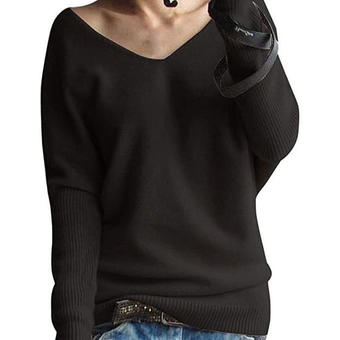 Pull Femme Laine Maille Col V Hiver Chaud Manches Longues Tricot Chandail Pullover Top