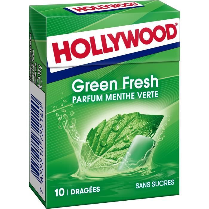 HOLLYWOOD Chewing Gum Green Fresh - Parfum Menthe verte - Sans Sucre avec Édulcorants - Lot de 20 paquets de 10 dragées x 14 g