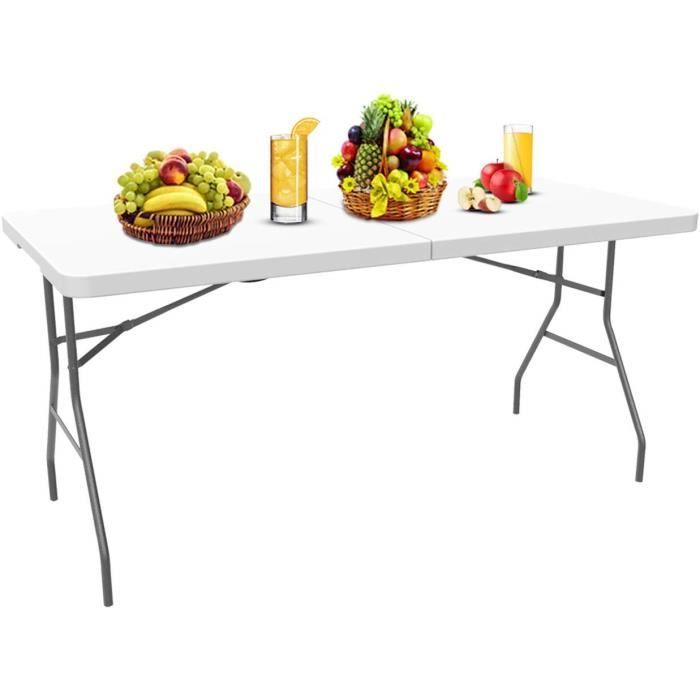 Table Pliante Transportable, Table en Plastique Robuste, 180 x 76 x 74 cm, Blanc, Pliable en deux, Matériau: HDPE