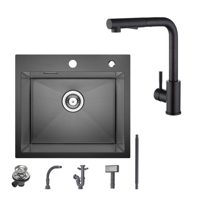 Evier cuisine 1 Bac 50×45CM inox Noir anthracite mitigeur de cuisine extractible avec 2 Fonctions douchette