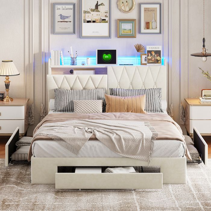 Lit double 160 x 200 cm en velours，KILISKY，Lit adulte Tête de lit réglable，avec 3 tiroirs，éclairages LED，prises USB，beige