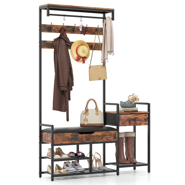 COSTWAY Meuble d’Entrée avec Banc - 12 Crochets Porte-Manteau Vestiaire pour Couloir Chambre Style Industriel Moderne COSTWAY Meuble d’Entrée avec Banc - 12 Crochets Porte-Manteau Vestiaire pour Couloir Chambre Style Industriel Moderne