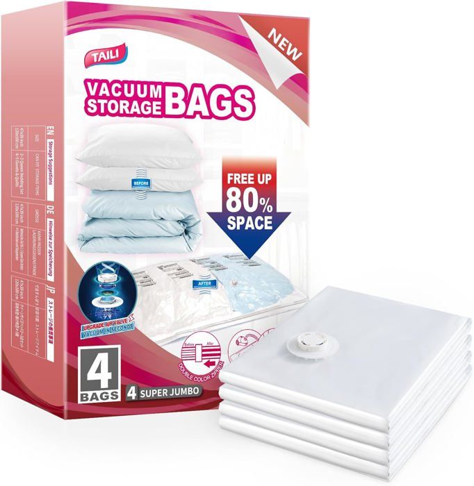 4 Sacs Sous Vide Géants - Rangement Couettes Et Vêtements - Gain De Place Max - Valve Améliorée - Réutilisables