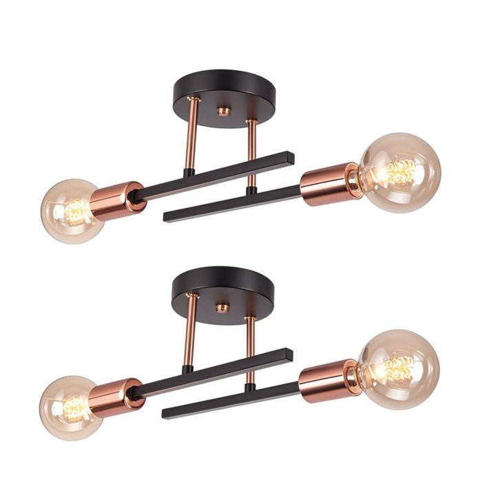 WOTTES Lot de 2 Plafonnier Rétro Industrielle Luminaire 2 Têtes E27 Applique Murale Scandinave Noir et Or rose Pour Couloir Loft