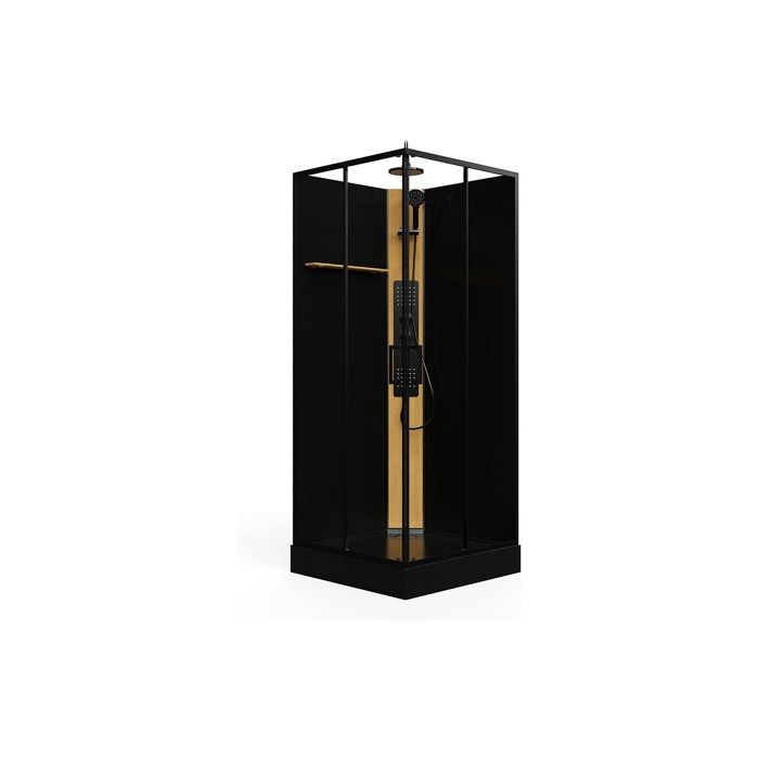 Cabine de douche hydromassante carrée avec panneau en bambou - Noir - L90 x l90 x H225 cm - DESULO Cabine de douche hydromassante carrée avec panneau en bambou - Noir - L90 x l90 x H225 cm - DESULO