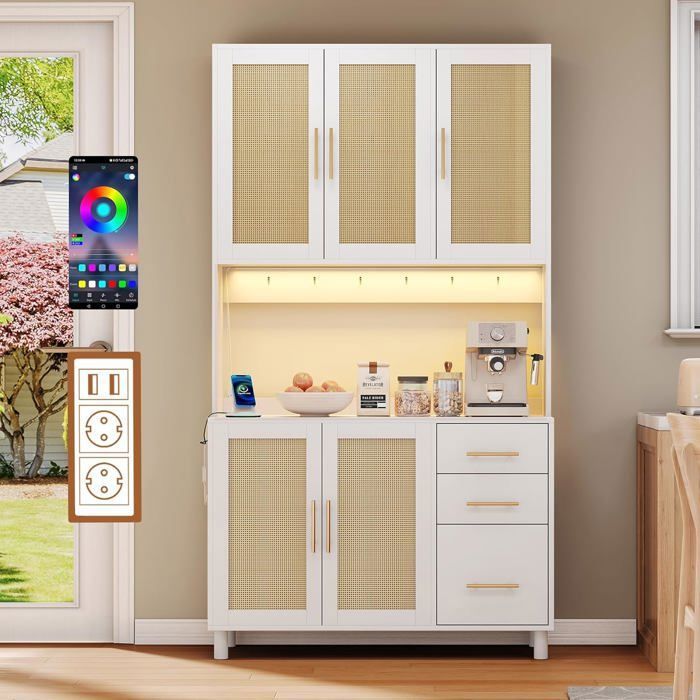 Buffet de cuisine haut 183 cm LEMONBEST blanc LED multicolore prises EU + USB 5 portes 3 tiroirs