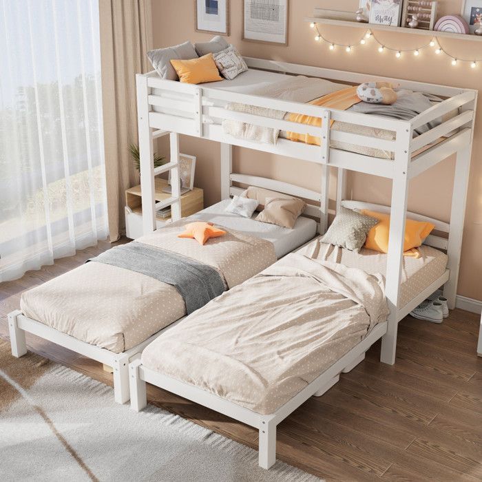 Lit mezzanine 90x200 lit superposé avec sommier lattes Lit 3 places，Lit enfant aver escaliers，lit adolescents，Bois massif blanc