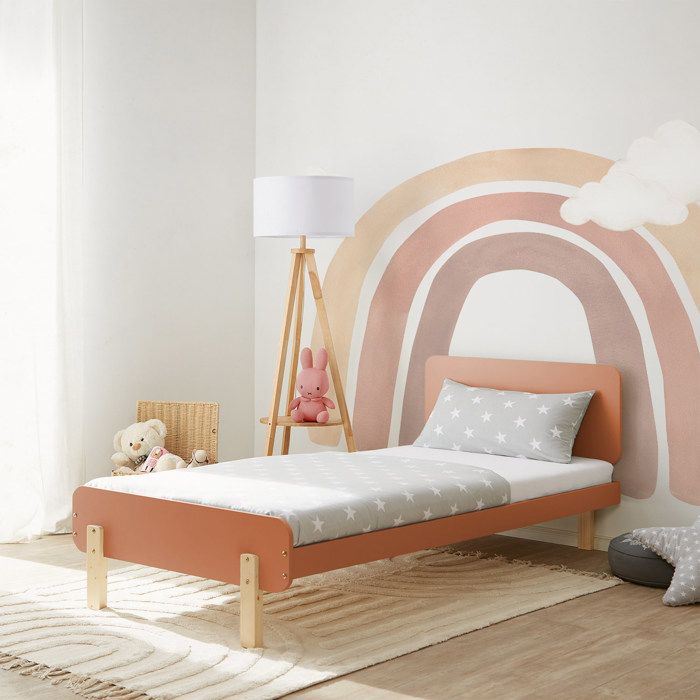 Lit en bois 90 x 200 cm rouge naturel – Lit simple rétro avec sommier à lattes pour chambre denfant dadolescent ou dinvité