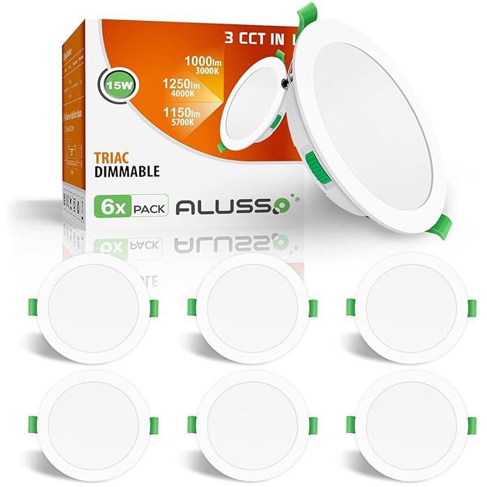 ALUSSO LED Spot Encastré Blanc Plat 15W 1200LM Dimmable 3CCT 3000K/4000K/6500K IP44 Trou Φ145-160mm éclairage Plafond Lot de 6
