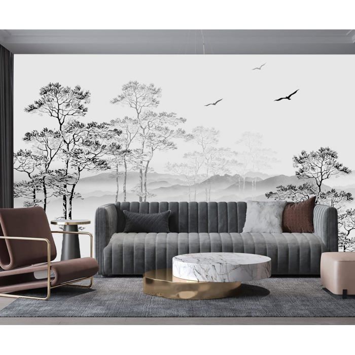 Papier Peint Panoramique 3D Soie Noir et Blanc Nature Foret 300x210cm ...