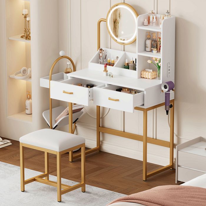 Coiffeuse LED moderne Miroir pivotant 2 tiroirs + 2 étagères Blanc 80×138 5×40 cm Blanc + or Coiffeuse LED moderne Miroir pivotant 2 tiroirs + 2 étagères Blanc 80×138 5×40 cm Blanc + or