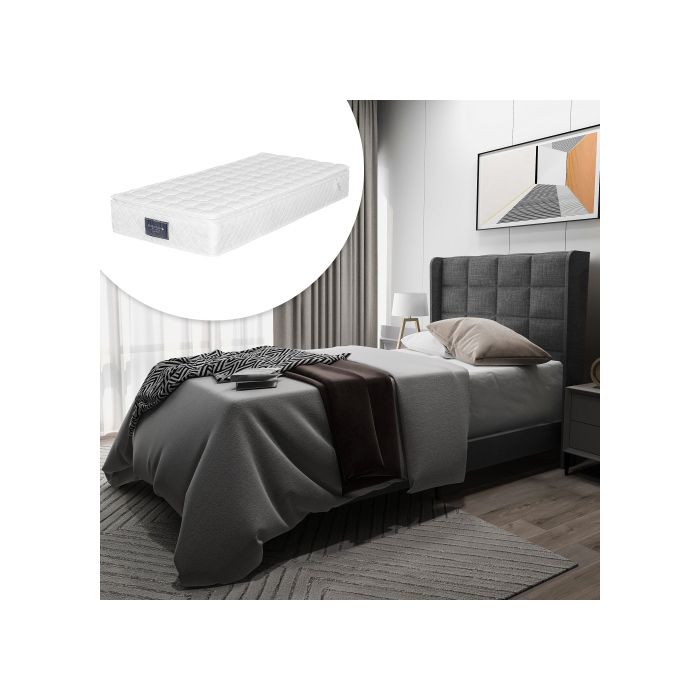 Lit Rembourré 90x200cm avec Tête de Lit - Lit simple - Sommier à lattes Matelas à ressorts inclus en Lin Gris Design Élégant