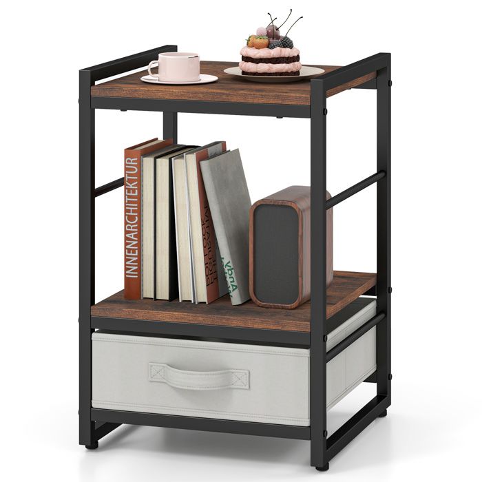 GIANTEX Table dAppoint à 2 Niveaux avec Tiroir en Tissu Amovible Cadre en Métal 40 x 40 x 60 5cm pour Chambre Salon Bureau