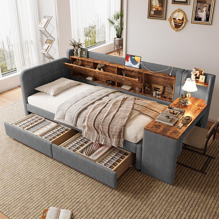 Lit Combine Lit de jour 90x200 cm canapé-lit avec bureau 2 tiroirs USB-C rangements lin gris
