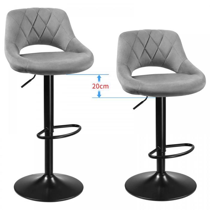 MIPAN.Tabourets de Bar Gris - Lot de 2 Chaises Hautes - Sièges pour Cuisine - Revêtement Velours - Réglable (87-107cm)+Pivotant