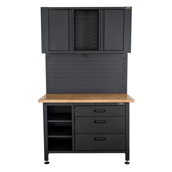 Etabli dAtelier Garage avec Armoire de Rangement - Plan de travail Bois 2 Armoires 3 tiroirs Panneau perforé Charge 500kg VITO