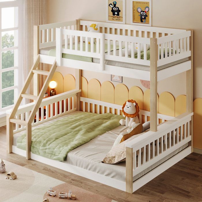 Lit superposé 90/140x200cm lit enfant avec échelle et barrières de lit  lit double avec sommier à lattes pin Blanc+Naturel