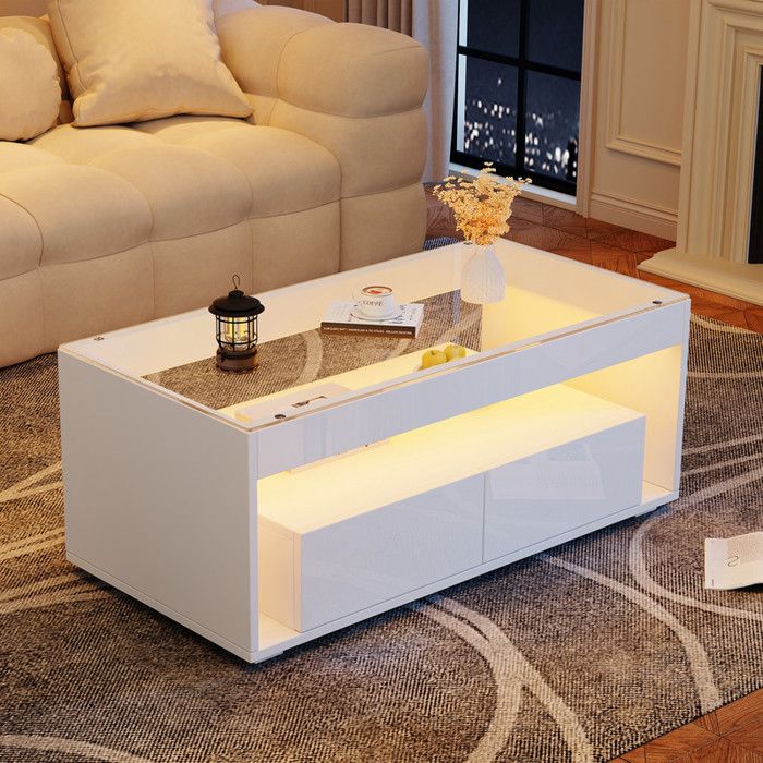 Table basse moderne avec lumière LED - canapé rectangulaire avec 2 grands tiroirs - design double couche brillant- blanc