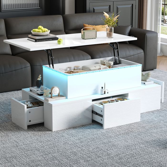 Table Basse Relevable LED - LEMONBEST - 100×50×40 cm - Blanc Brillant - Plateau relevable - 4 tiroirs