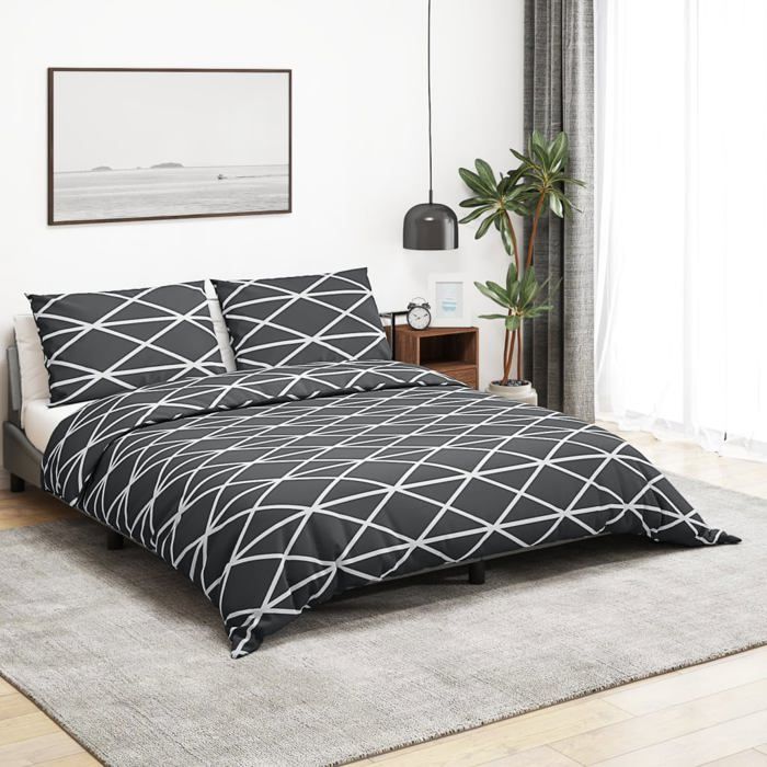 Ensemble de housse de couette en coton - Happiness - 220x240 cm - Gris - 100% coton - 2 taies doreiller 65x65 cm